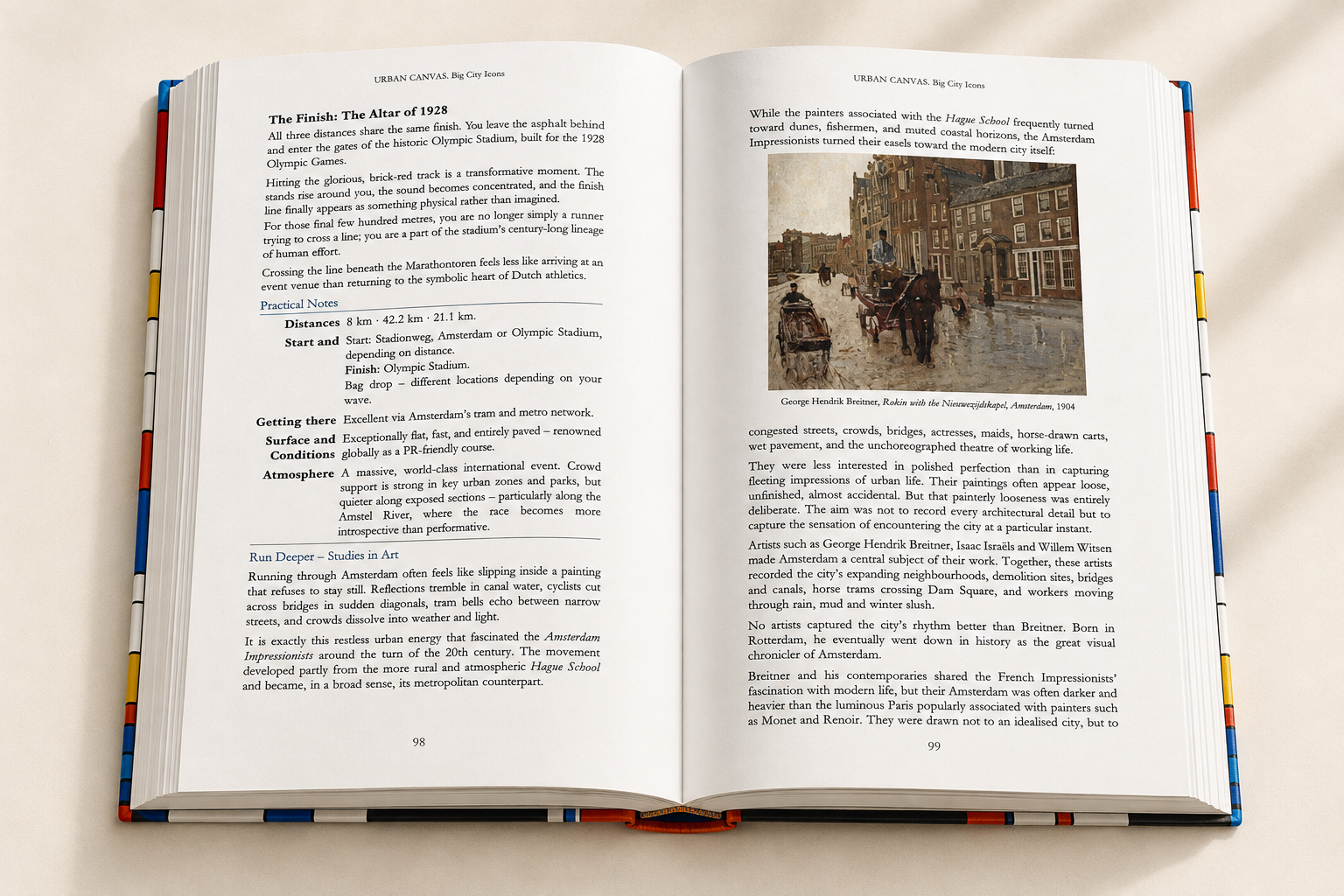 Open Amsterdam route chapter with a city map, running notes, and Dutch artworks